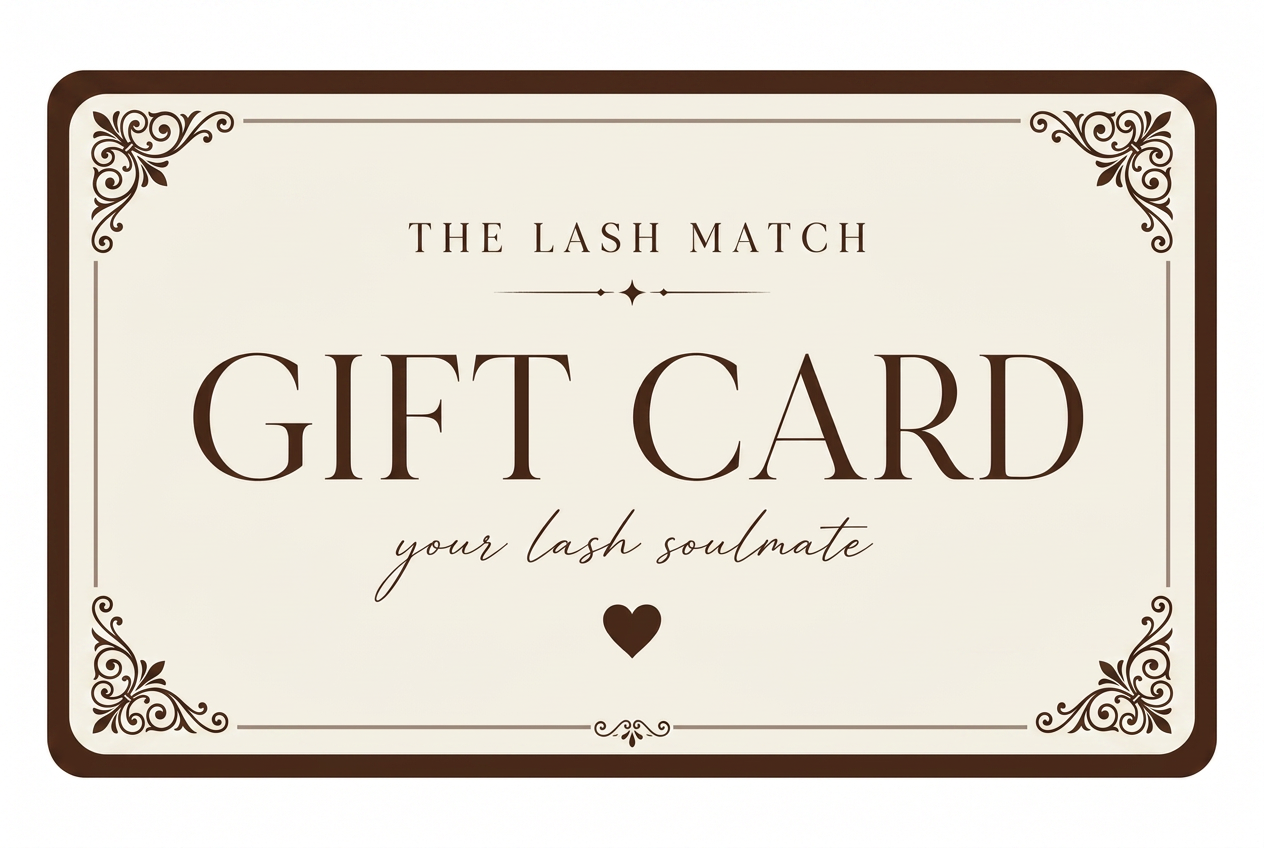 The Lash Match gift card in warm cream and cocoa brown